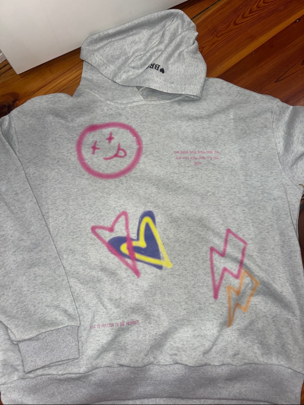 Kids Grey Hoodie with Pink & Yellow Graffiti Hearts - Unbranded
